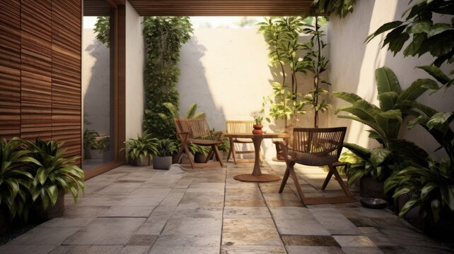 The open space of modern wooden and concrete patio seating area in natural style. Generative AI image AIG30.