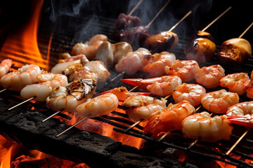 skewered seafood BBQ on fire, Generative Ai,