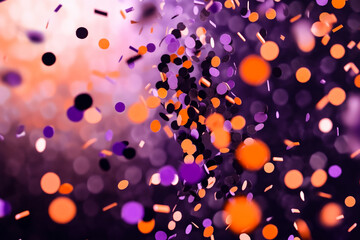 Obraz na płótnie Canvas Orange, black and purple round flying confetti with purple bokeh background for Halloween celebration created with AI generative technology