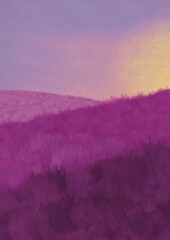 Illustration d’une paysage de campagne au coucher du soleil. Champs de lavande. Couleur prédominante mauve et violet © Julie