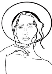 Esquisse d’une jeune femme, portant un chapeau et touchant son menton avec sa main. Réaliste, minimaliste et monochrome 