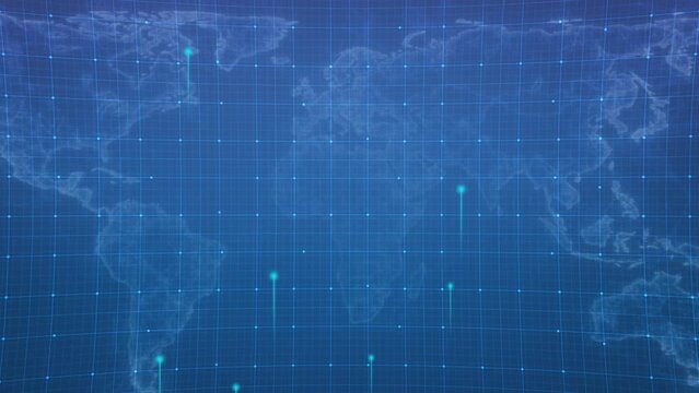 Digital grid moving with world map background.connections and global network concept,Abstract technology data visualization background network futuristic wireframe artificial.4k seamless loop.