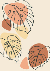Outline monstera leaves with beige, yellow and light coffee spots on a light yellow background, abstract vector botanical image, hand drawn.