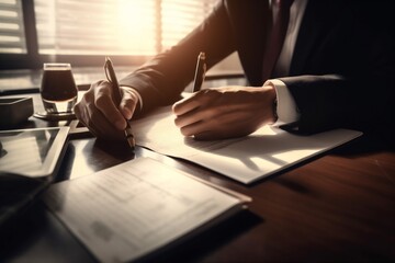 contract man hand document signature business lawyer businessman group office meeting. Generative AI.