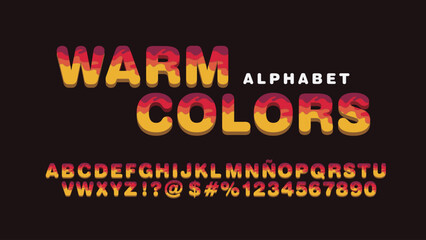 warm colors alphabet, colorful carved paper cut elements shapes, font
