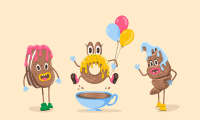 Vector cartoon characters. Donut, croissant, cookie. Crazy cartoons.Collection of sweets in trendy retro comic style