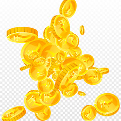 Indian rupee coins falling. Scattered gold INR