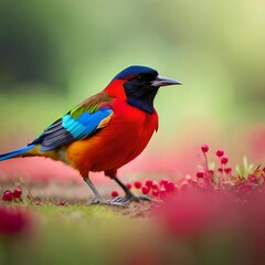 Colorful bird standing on the flowers garden, Generative AI