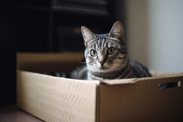 a cute cat is sleeping in a cardboard box