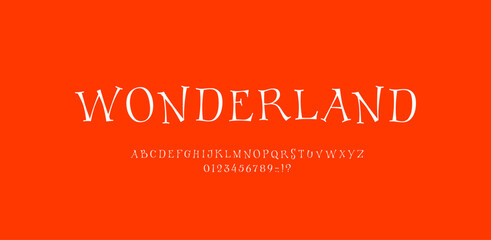 Fairy taly alphabet, fantasy font made wonderland style, magical white uppercase Latin letters and Arab numerals, vector illustration 10EPS