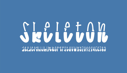 Skeleton creepy font, alphabet in the horror style, cartoon zombie letters and numbers made in bones, vector illustration 10EPS