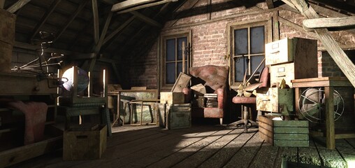 Haunted house. Abandoned attic with antiques. A classic scene from a horror movie or game. Photorealistic 3D illustration.