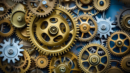 An array of interconnected gears and cogs turning with clockwork precision created with Generative AI technology