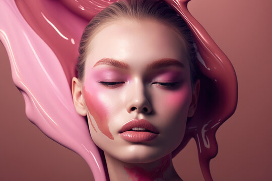 Model's face with pink trendy liquid blush. Generative AI