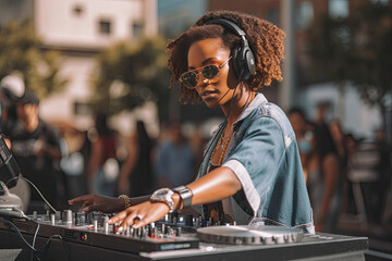 African female dj in a music festival. AI generative - 609576618