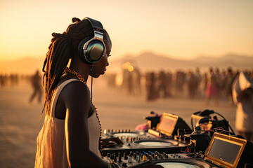 African female dj in an outdoors music festival. AI generative