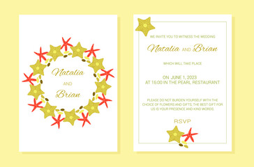 Wedding invitation Summer sea theme plants layout. Starfish, pebbles. A frame of marine elements with text. Vector illustration.