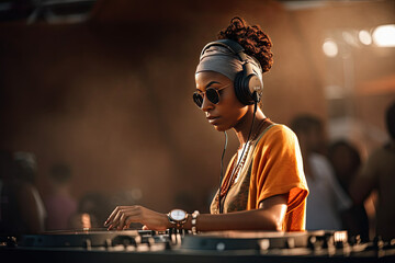 African female dj in a music festival. AI generative