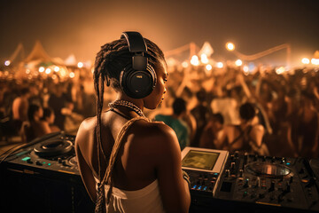 Modern african female dj in a music festival. AI generative