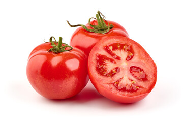 Tomato branch. Ripe fresh tomatoes, close-up, isolated on white background.