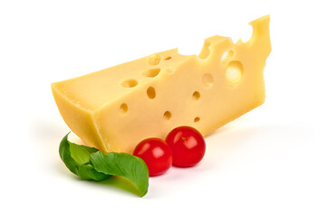 Maasdam cheese block, isolated on white background. High resolution image.