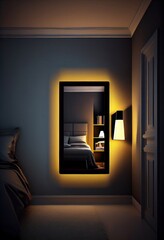 Contemporary bedroom interior with a dressing table and a vertical mirror on one wall. Generative AI.