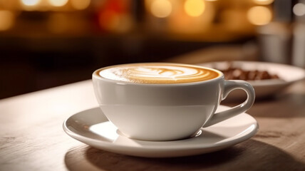 Hot cappuccino coffee in a cup in a cafe, wallpaper