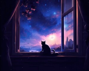 windowsill, gazing at the moon. deep blues and purples for the sky and add delicate stars to create a dreamy atmosphere 
