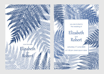 Vintage wedding set with blue ferns. Wedding invitation, save the date, reception card. Vector illustration. 
