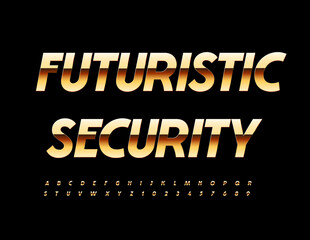 Vector modern Emblem Futuristic Security. Stylish Golden Font. Set of Creative Alphabet Letters and Numbers