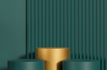Green and golden cylinder podium for product presentation on green serrated wall background minimal style.,3d model and illustration.