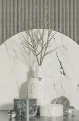 Mockup marble podium for product presentation podium with cement background and morning light.,3d model and illustration.
