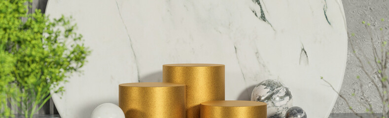 Mockup golden podium for product presentation podium with marble background and morning light.,3d model and illustration.