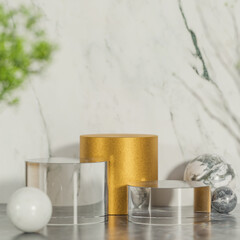 Mockup golden and glass podium for product presentation podium with marble background and morning light.,3d model and illustration.