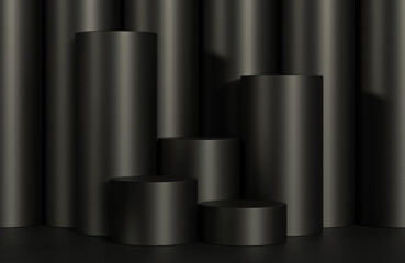 Mockup black podium for product presentation podium with black cylinder background.,3d model and illustration.
