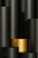 Mockup golden podium for product presentation podium with black cylinder background.,3d model and illustration.
