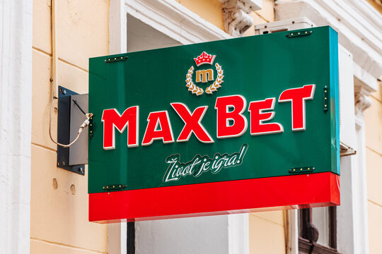 Zrenjanin, Serbia - April 29, 2023: Maxbet sign board. This is casino and betting, gambling and slot machine parlors company from Serbia