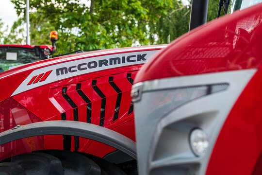 Novi Sad, Serbia - May 25, 2023: Modern new McCormick farming tractor on Agricultural fair in Novi Sad