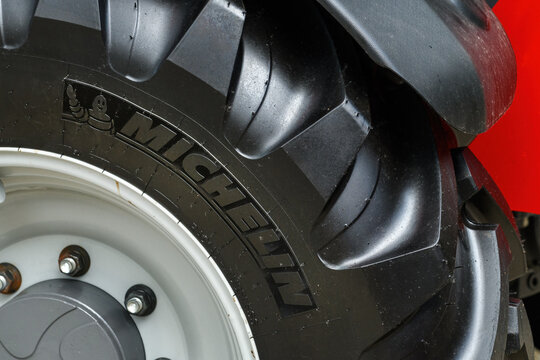 Novi Sad, Serbia - May 24, 2023: Michelin tractor tire closeup on brand new agricultural vehicle