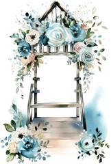 Watercolor wood wedding arch decorated with flowers rose floral archway illustration