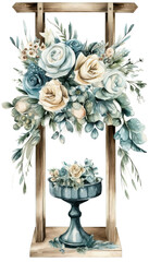 Watercolor wood wedding arch decorated with flowers rose floral archway illustration