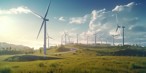 AI Generated. AI Generative. Windmill wind power electricity farm field. Ecology innovation technology vibe. Graphic Art