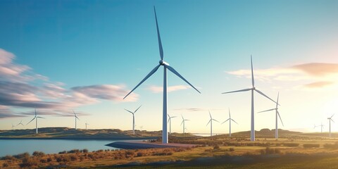Obraz premium AI Generated. AI Generative. Windmill wind power electricity farm field. Ecology innovation technology vibe. Graphic Art