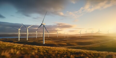 AI Generated. AI Generative. Windmill wind power electricity farm field. Ecology innovation technology vibe. Graphic Art