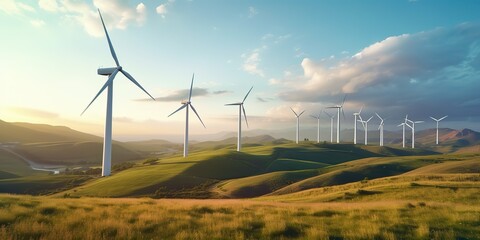 AI Generated. AI Generative. Windmill wind power electricity farm field. Ecology innovation technology vibe. Graphic Art - obrazy, fototapety, plakaty