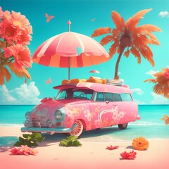 car on the beach with colorful trees