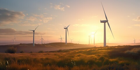 Obraz premium AI Generated. AI Generative. Windmill wind power electricity farm field. Ecology innovation technology vibe. Graphic Art