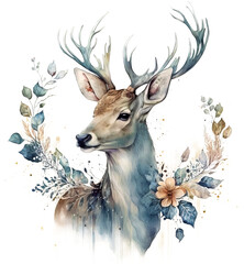 Deer portrait with nature watercolor style PNG background