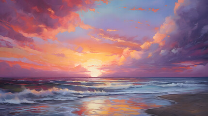 A vibrant beach sunset with shades of orange, pink, and purple painting the sky created with Generative AI technology