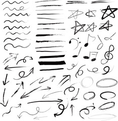 손으로 그린 선, 화살표, 음표 세트